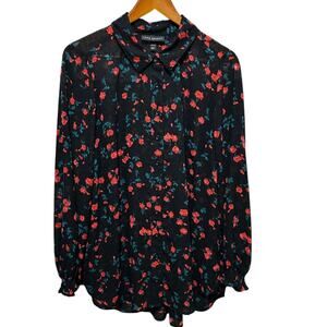 Lane‎ Bryant Womens Boho Blouse 14/16 Black Floral Swiss Dot Sheer Whimsigoth